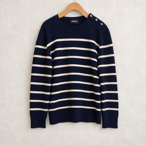 THE KOOPLES Striped Knit Sweater Crewneck Long Sleeve Navy Cream Pullover